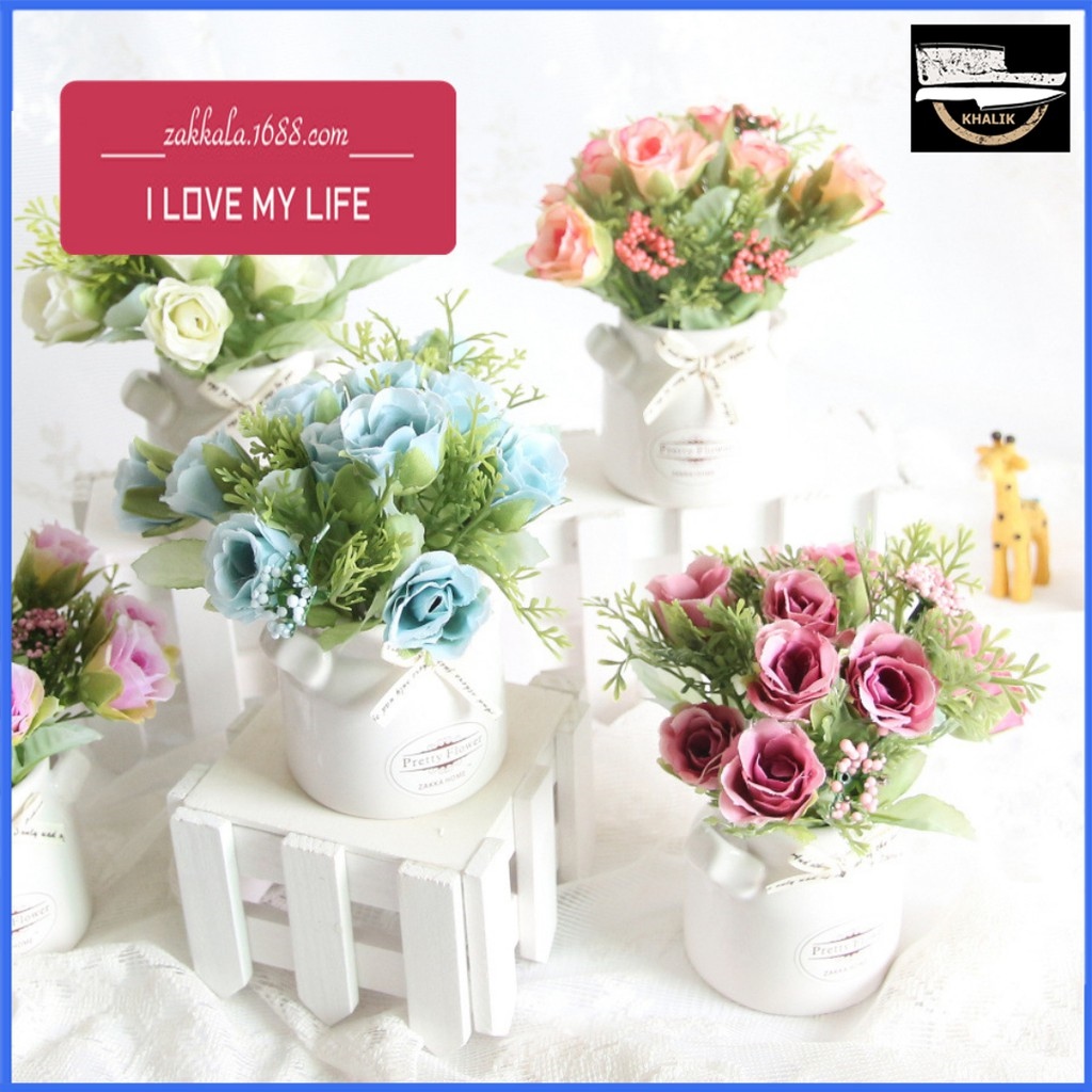 【HOT SALE】 Hoa giả trang trí để bàn đẹp chậu hoa hồng lựu cao cấp bình sứ hình chai sữa KHALIK - HF010