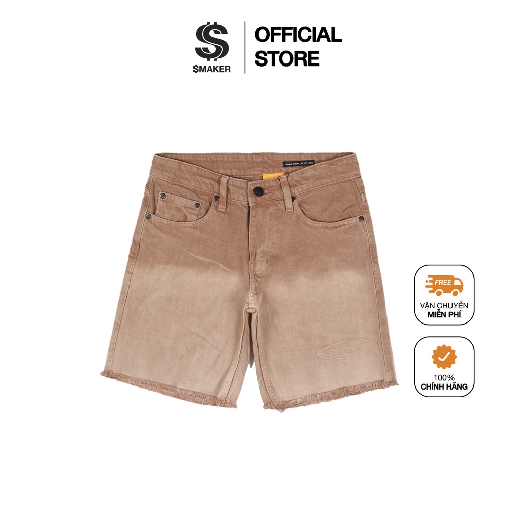 Quần short nam, quần đùi jean nâu cao cấp, local brand, dập nổi logo - embossed logo washed denim short