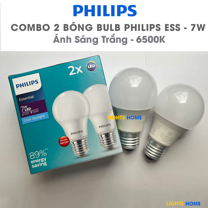 Combo 2 Bóng đèn LED Bulb Philips Essential 7W E27 A60 - Ánh Sáng Trắng