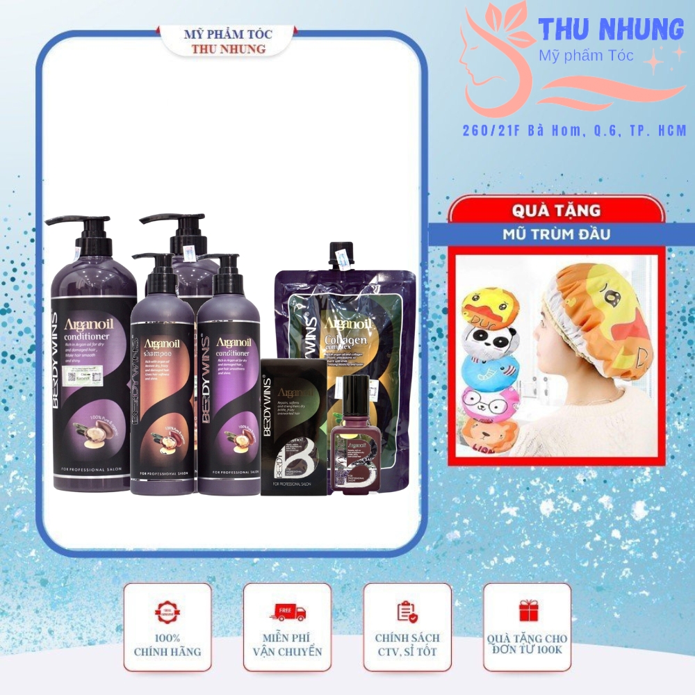[+Tặng mũ trùm]Bộ dầu Gội/ Xả, Hấp ủ, Tinh dầu phục hồi tóc siêu mượt Berdywins Argan Oil Collagen Complex