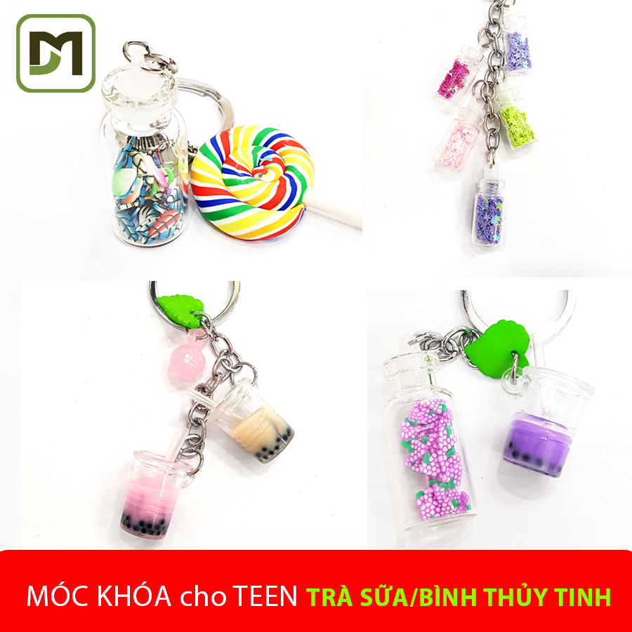 BST Móc khóa cho Teen ly trà sữa lọ thủy tinh kẹo màu cực kỳ đáng yêu