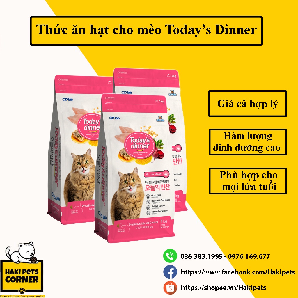 Thức ăn cho mèo, thức ăn hạt cho mèo Today's Dinner túi 1kg