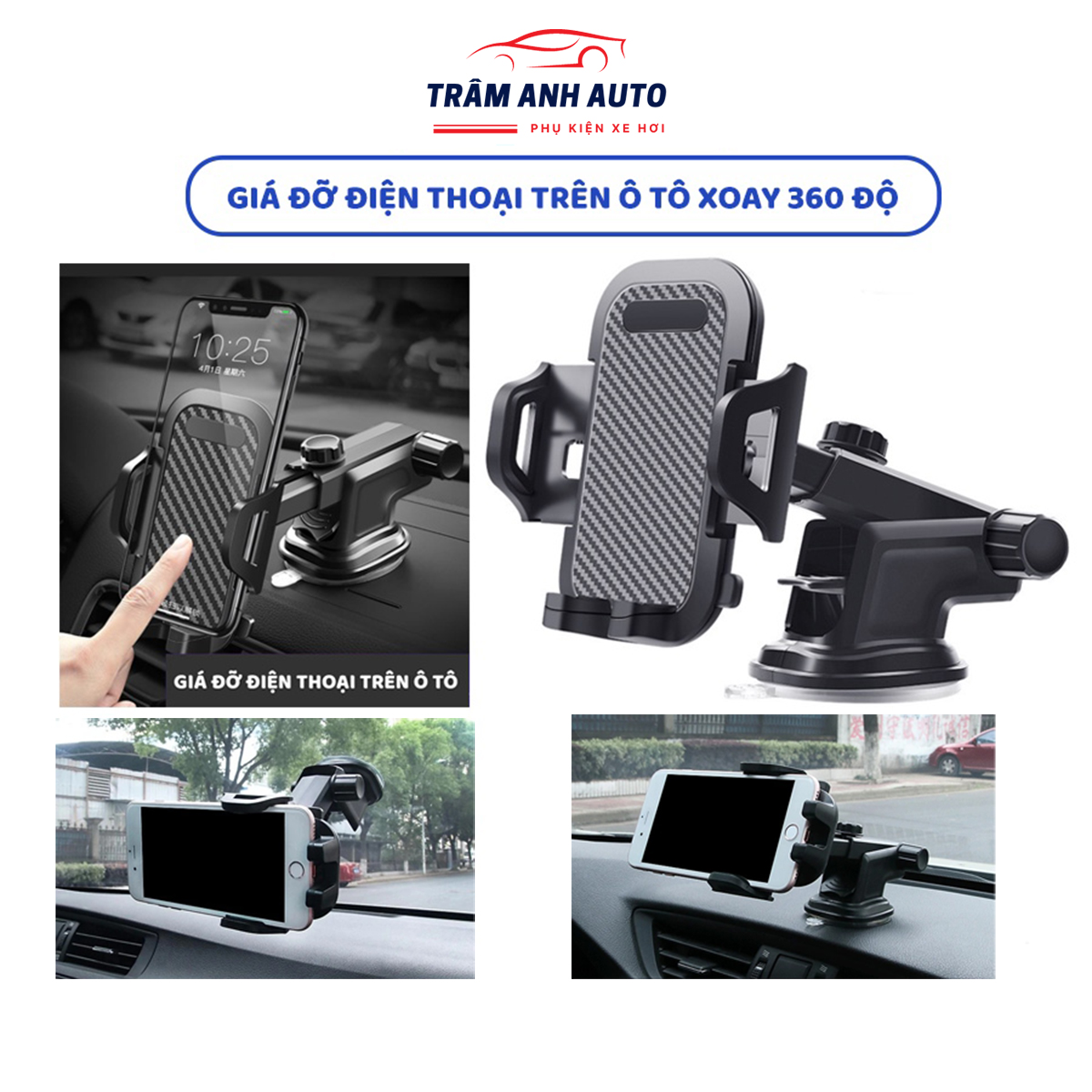 Giá đỡ điện thoại trên ô tô gắn taplo, dán kính, kẹp cửa gió, xoay 360