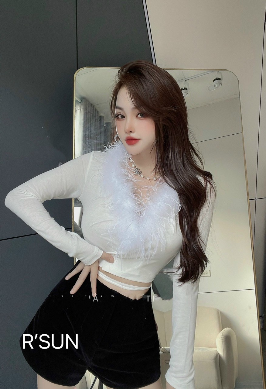 Áo croptop tay dài pinkstore29 kiểu cổ phối lông, dây buộc eo a5520