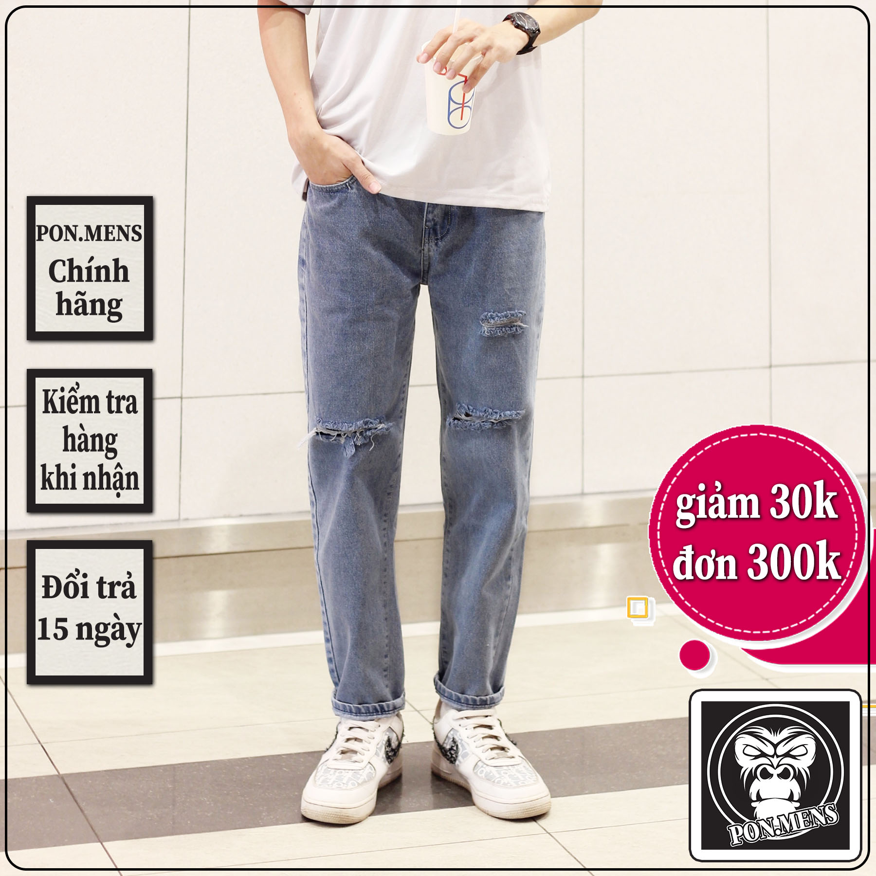 Quần jean ống rộng nam rách gối VNXK màu xanh 2022 040 hà nội Pon.mens