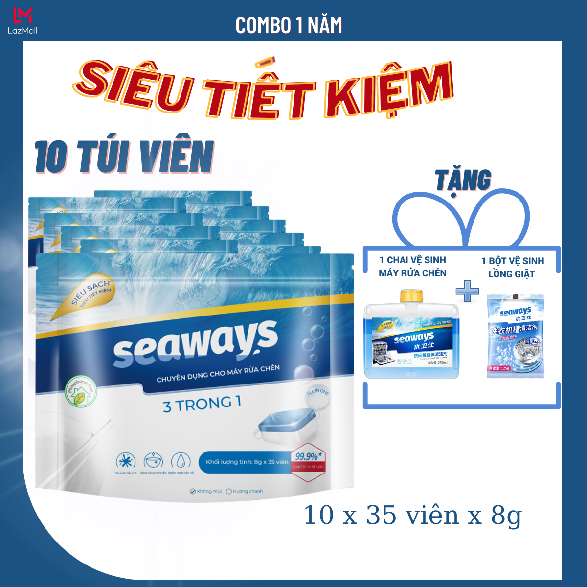 10 túi viên rửa chén bát SEAWAYS dành cho mọi máy rửa chén bát TẶNG 1 chai vệ sinh máy rửa chén và 1 túi bột vệ sinh lồng máy giặt