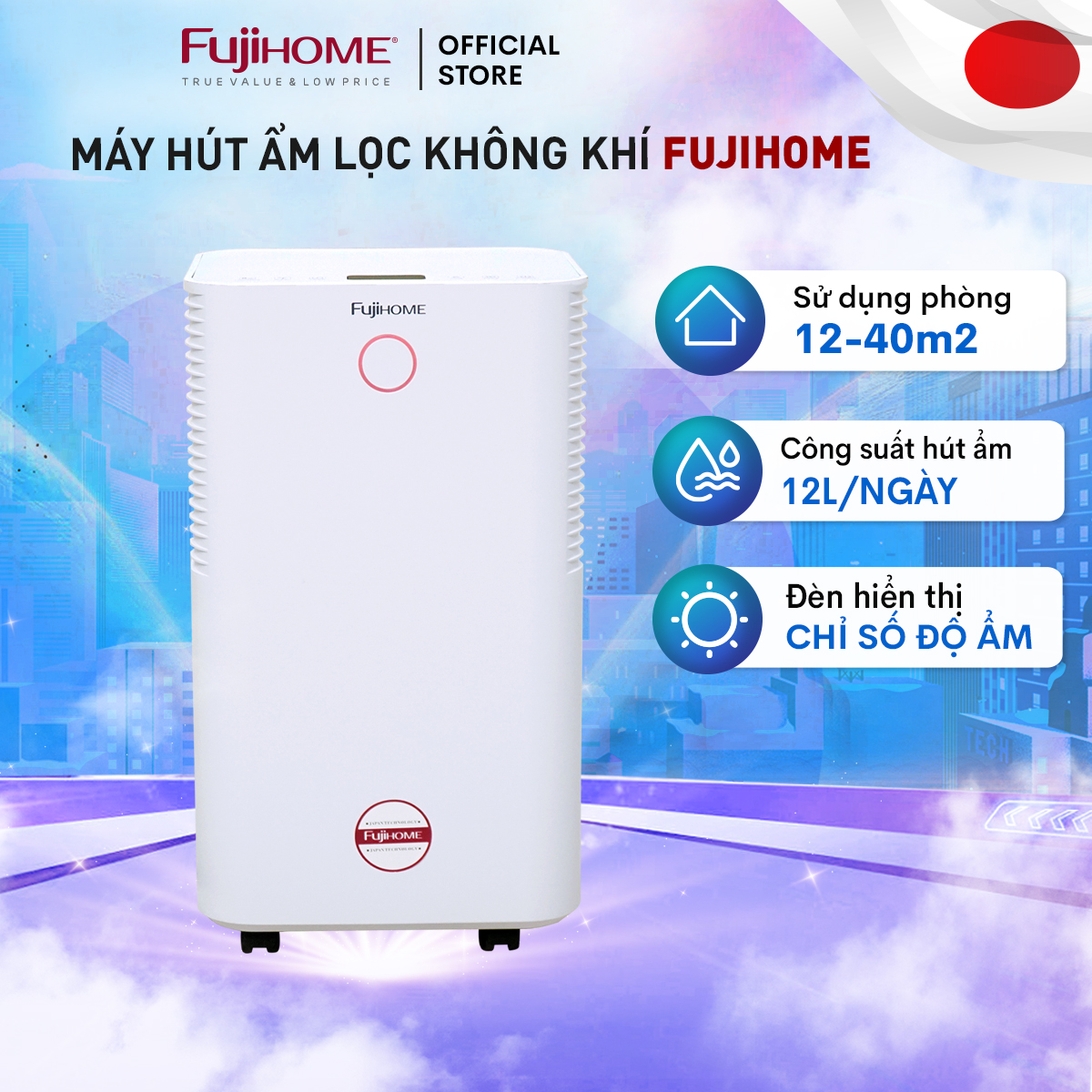Máy hút ẩm lọc không khí 12-40m2 nhập khẩu Nhật Bản Fujihome DH12, đèn báo chất lượng độ ẩm chính hãng BH 2 năm