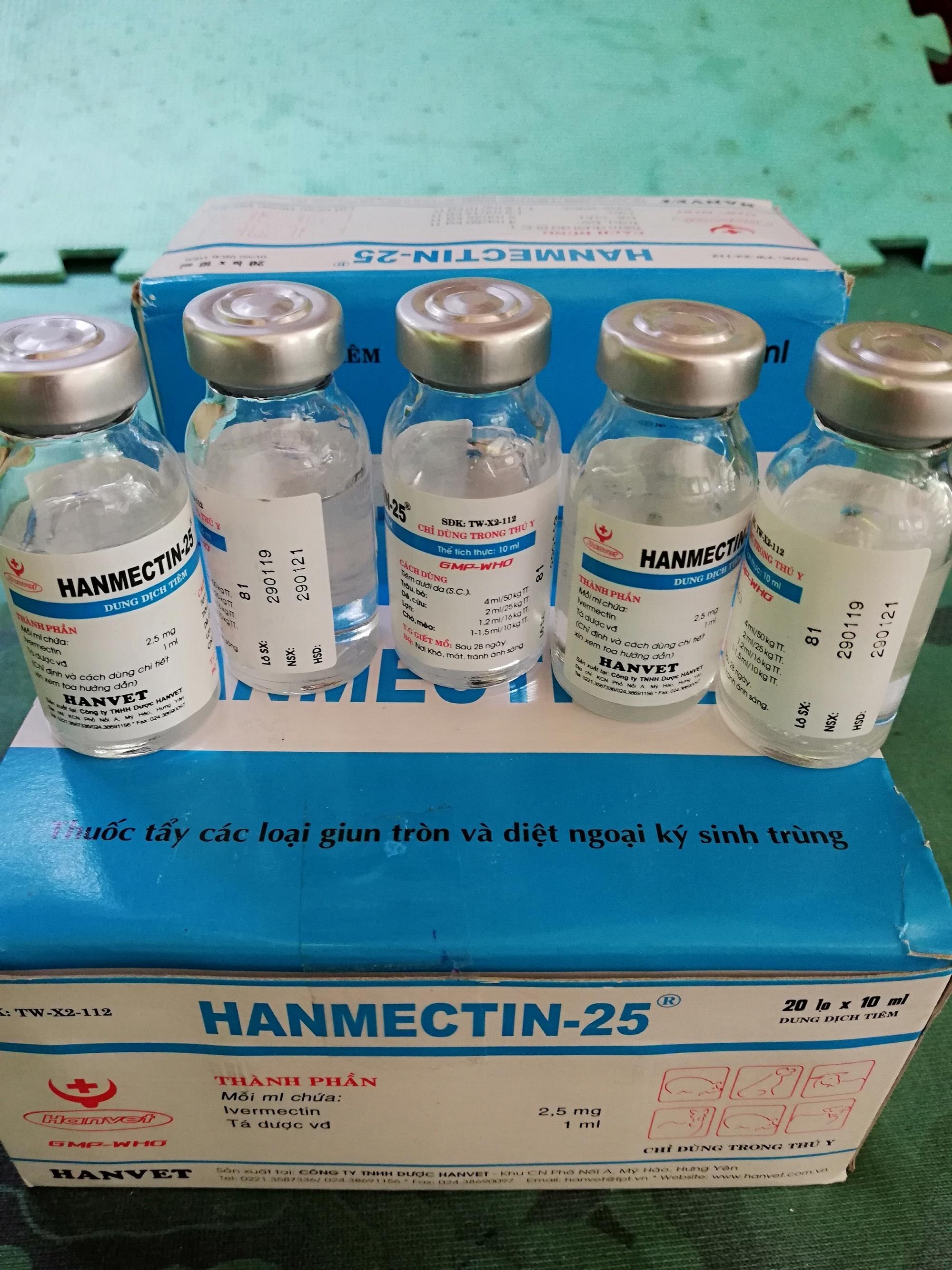  5 lọ Hanmectin-25 loại 10ml Thuố c tẩy các loại giun tròn và diệt nội ngoại ký sinh cho chó mèo và vật nuôi 