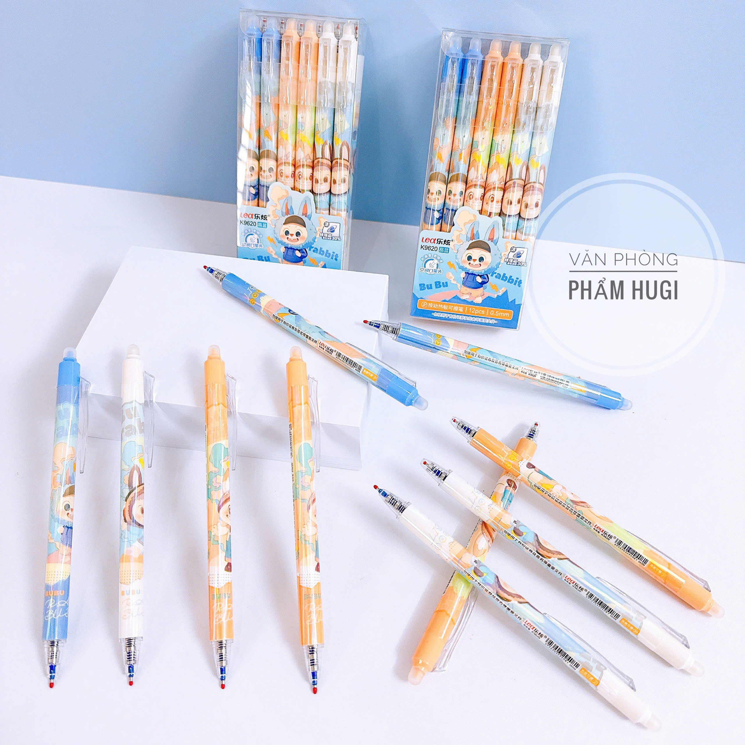 Hộp 12 Cây Bút Gel Đầu Bấm Tẩy Xóa Được Labubu Capybara và Gấu Dâu (mực xanh/tím)