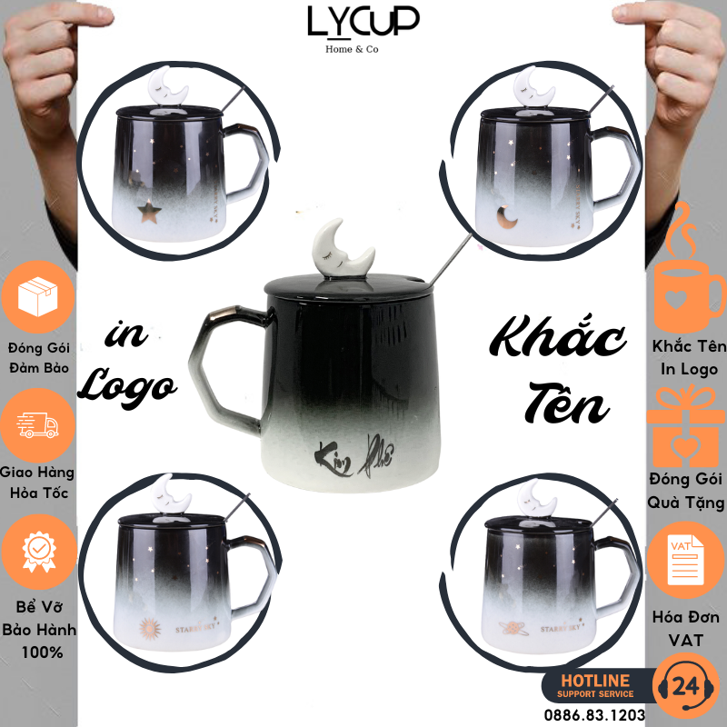 Ly sứ universe - khắc tên theo yêu cầu, cốc sứ uống nước có nắp giữ nhiệt và thìa, 400ml, hôp quà tặng in logo, in hình