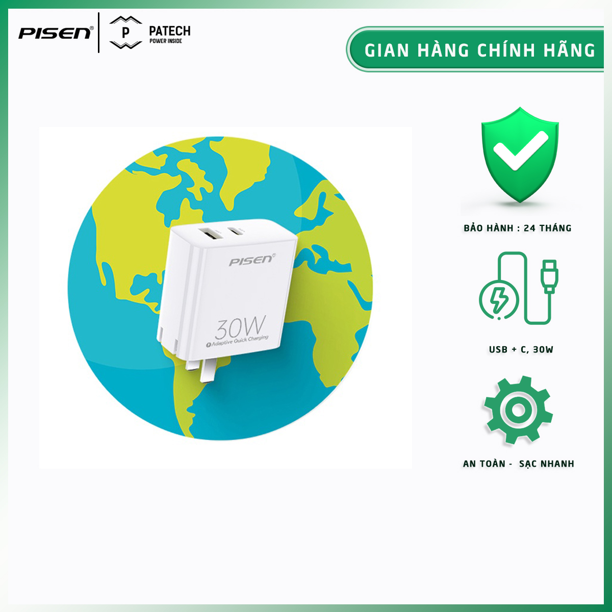 [20H 6/7 - 9.7 Nhập 77LAZSOCIAL80K Voucher giảm 12% đơn từ 250K tối đa 80K]Sạc PISEN QUICK PD30W (USB+Type- C) (PSD02-AC) - Hàng chính hãng