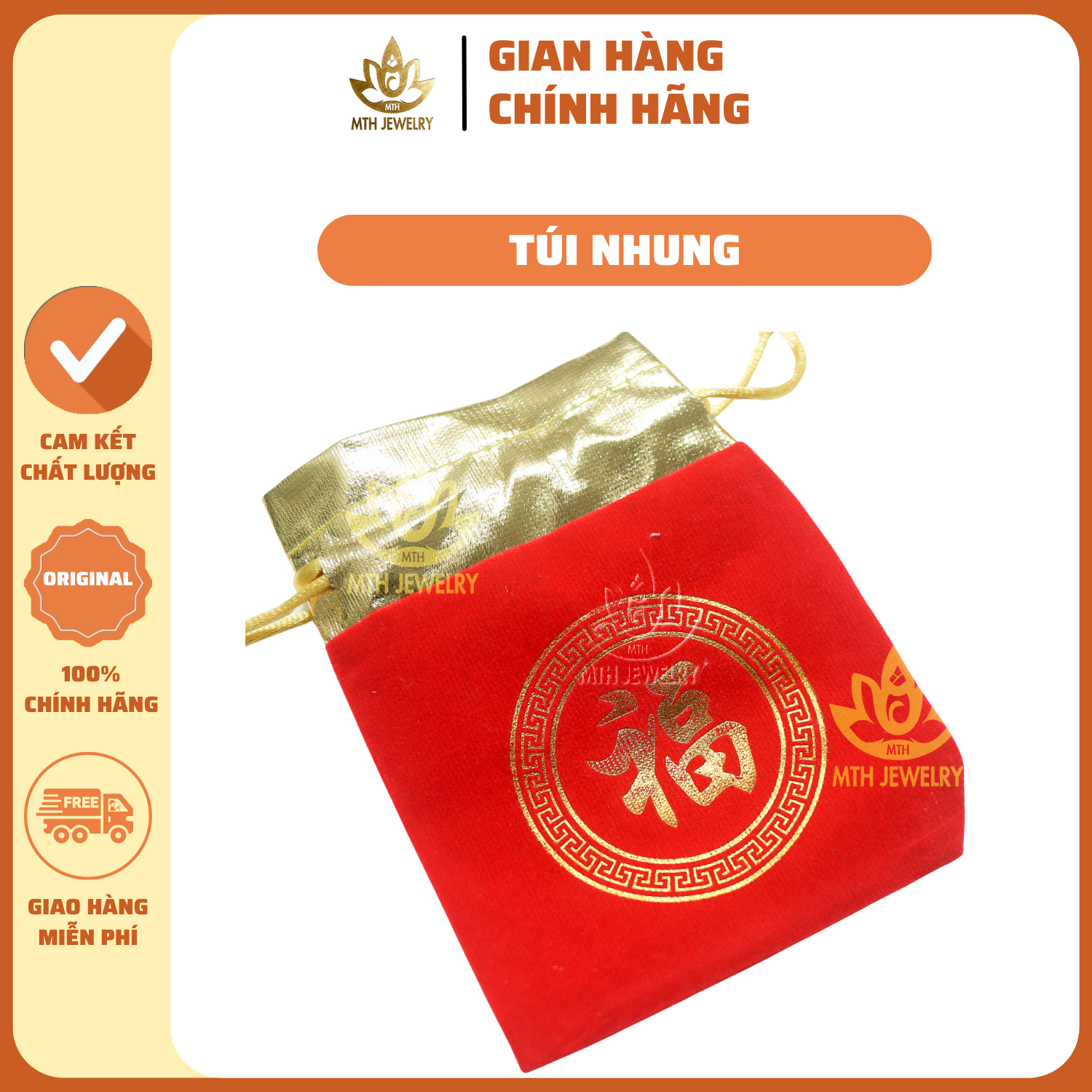 Túi nhung rút - màu đỏ - chữ phúc - chuyên đựng trang sức