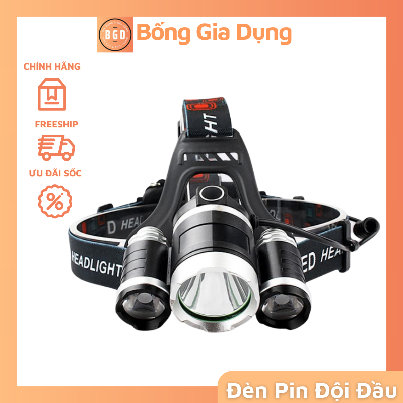 Đèn pin đội đầu 3 bóng led t6 siêu sáng kèm 2 pin kèm sạc
