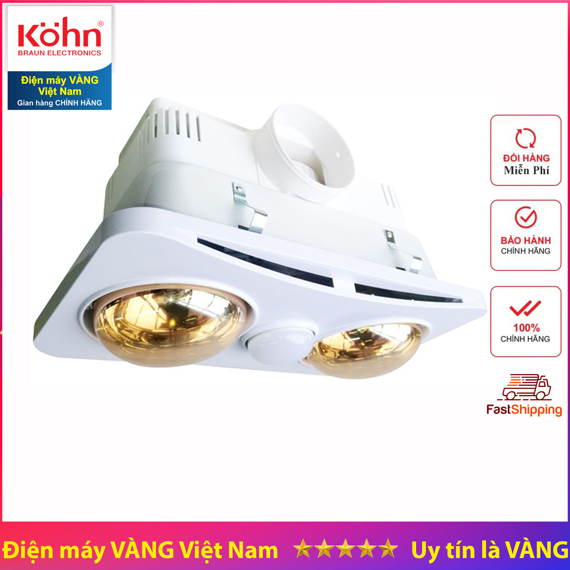 Đèn sưởi nhà tắm âm trần Braun Kohn BK02G tích hợp quạt thông gió và đèn chiếu sáng