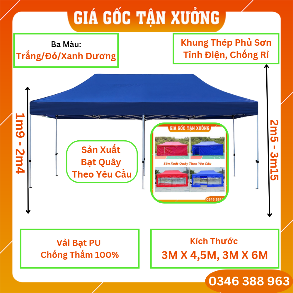 [Hàng Cao Cấp - 35 Kg] Nhà Bạt Di Động 3M x 4,5M Che Nắng, Che Mưa Ngoài Trời, Khung Thép Sơn Tĩnh Điện Chống Rỉ