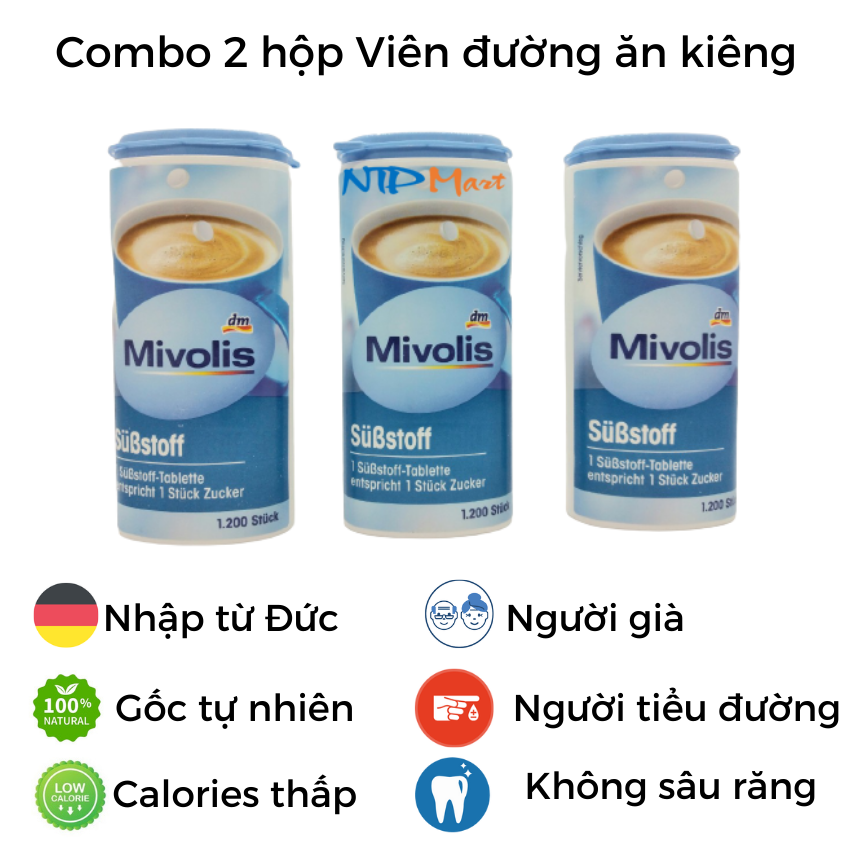 [HCM][Combo 2 hộp] Đường ăn kiêng cho người tiểu đường hiệu Mivolis nhập khẩu từ Đức hộp 1,200 viên, tiết kiệm phí vận chuyển