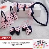 Bộ bờm nơ, kẹp, dây buộc tóc 7 món handmade (Hồng đen chấm bi) + Tặng 3 kẹp Micky 01 xinh xắn màu sắc bất kì