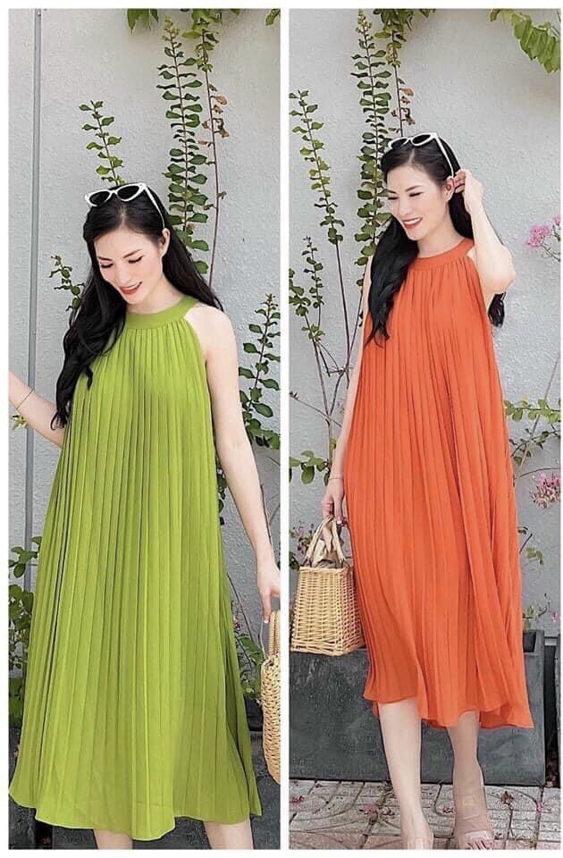 đầm suông xếp ly cổ yếm, bầu bí bon chen được nha + ảnh thật