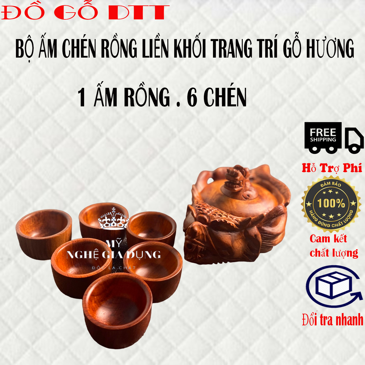 Bộ ấm chén rồng gỗ hương -Ấm chén đục họa tiết kênh bongtrang trí phòng khách