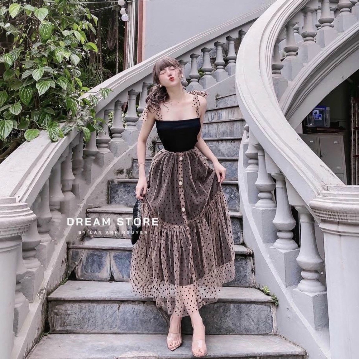 Đầm Váy Nữ lưới chấm bi hai dây siêu xinh