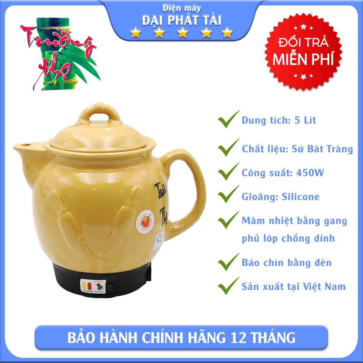 Chỉ giao hỏa tốc ấm sắc thuốc tự động trường thọ ba-1188 dung tích 5 lít