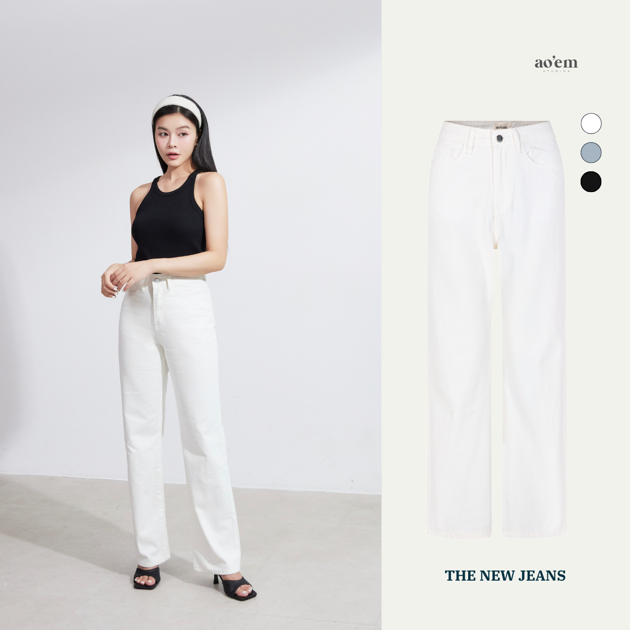  AOEM - THE NEW JEANS - CREAMY WHITE BLACK - QUẦN JEANS VẢI MỘC ỐNG SUÔNG FORM ĐỨNG 