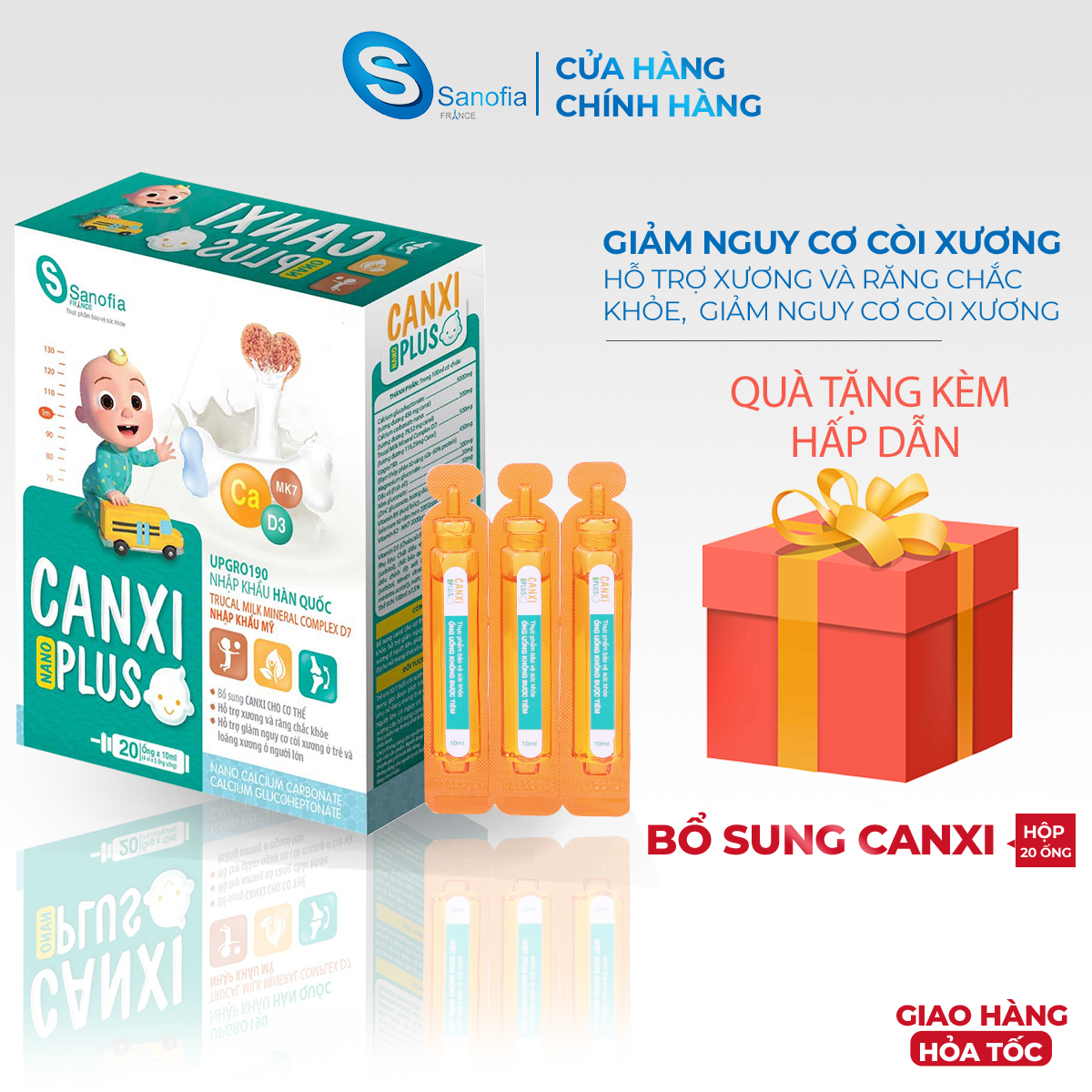 Bổ sung Canxi Nano Plus 20 ống giúp tăng sức đề kháng với Kẽm, Magie, Vitamin D3, Vitamin K2 Hộp từ calci Hàn Quốc