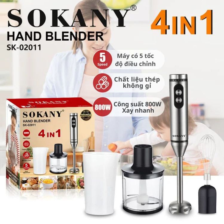 Máy xay sinh tố cầm tay SOKANY SK02011 đa năng 4 trong 1, nhiều chức năng, công suất 800W, xay cực khỏe.