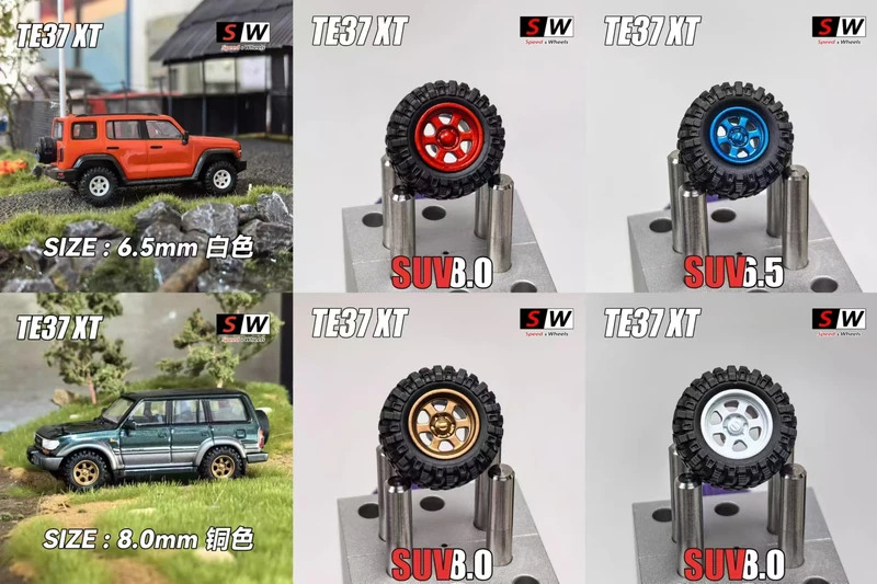 Bộ mâm xe địa hình 1/64 SW TE37XT cho xe SUV, mâm 6.5mm/8mm + lốp 12.5mm/13.5mm + trục cho phụ tùng độ xe mô hình 1:64