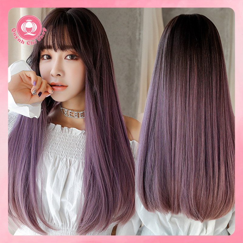 Tóc giả nguyên đầu CAO CẤP, tóc thẳng dài đuôi cụp mái ngang tự nhiên – tặng lưới tóc