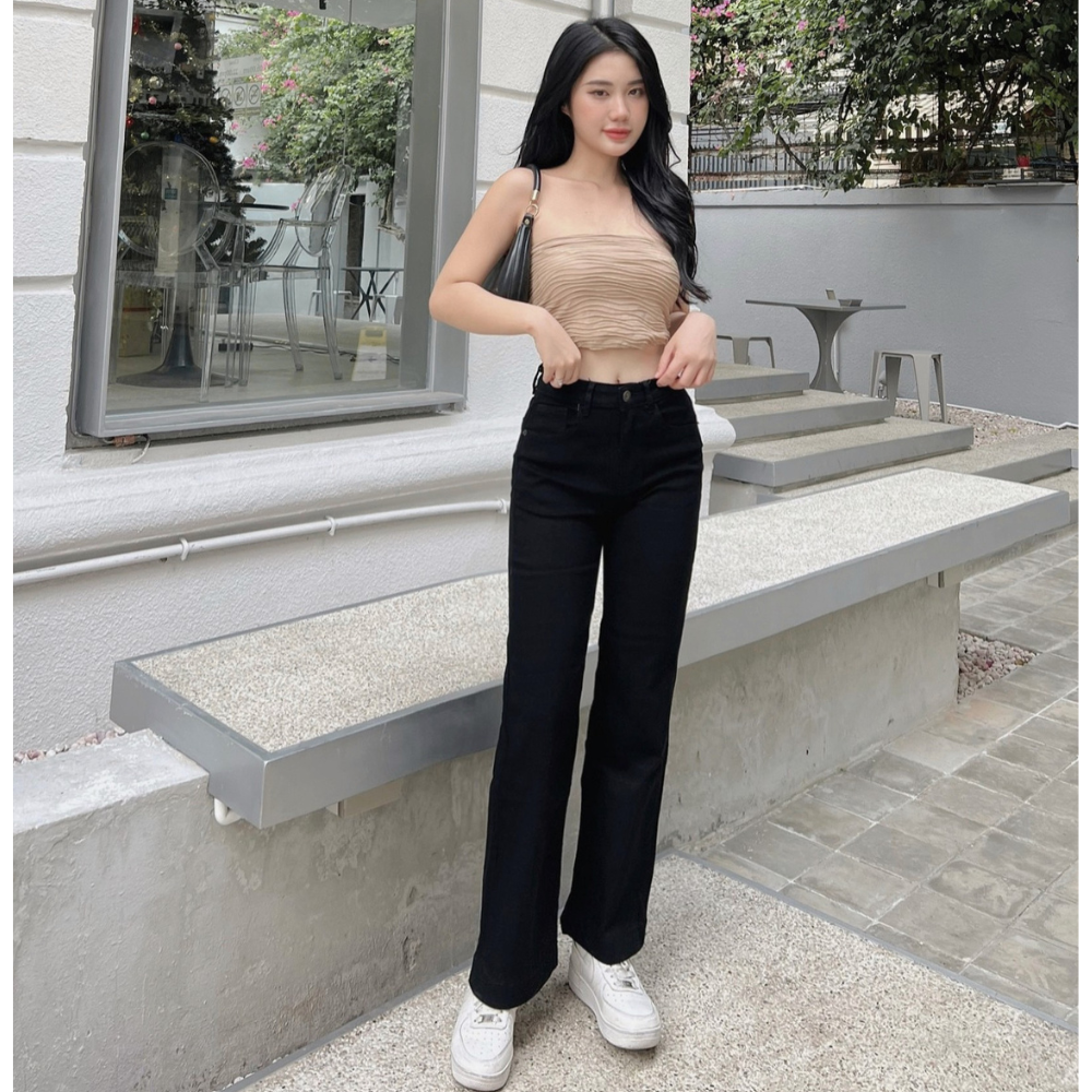 Quần Jeans ống suông đứng cạp cao dáng dài 2 màu đen và xám HQJEANS