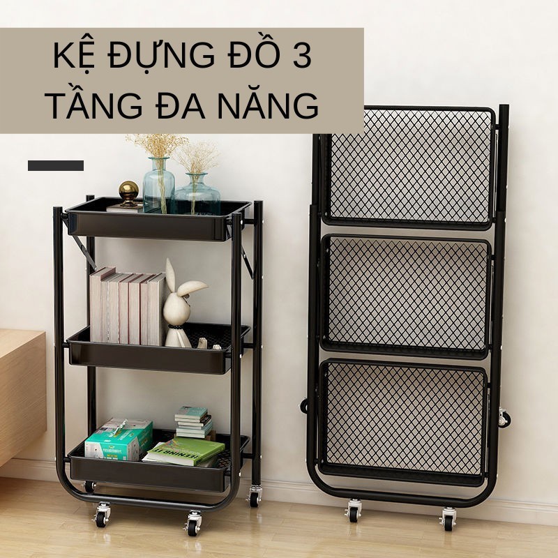 Kệ đa năng 3 tầng có bánh xe chất liệu thép nguyên tấm loại 1 không rỉ, không cong vênh