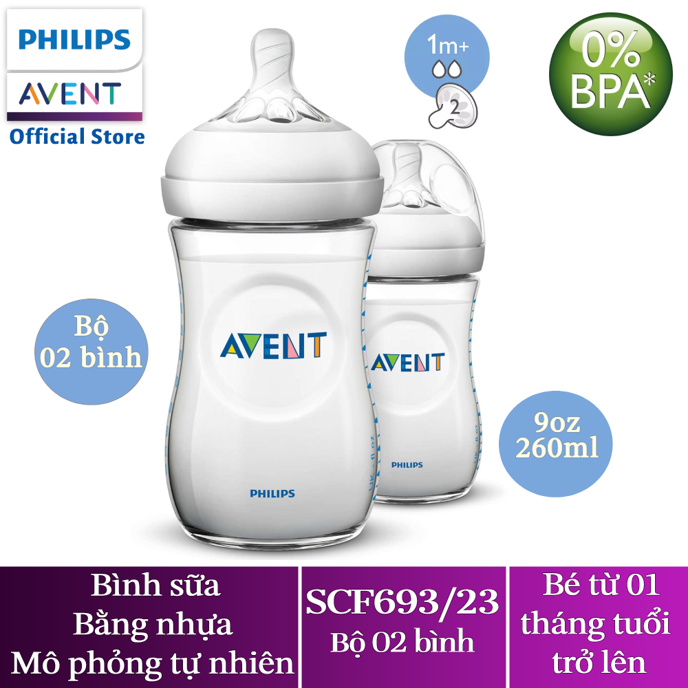 Philips Avent Bộ 2 bình sữa mô phỏng tự nhiên 260ml cho bé từ 1 tháng SCF693/23
