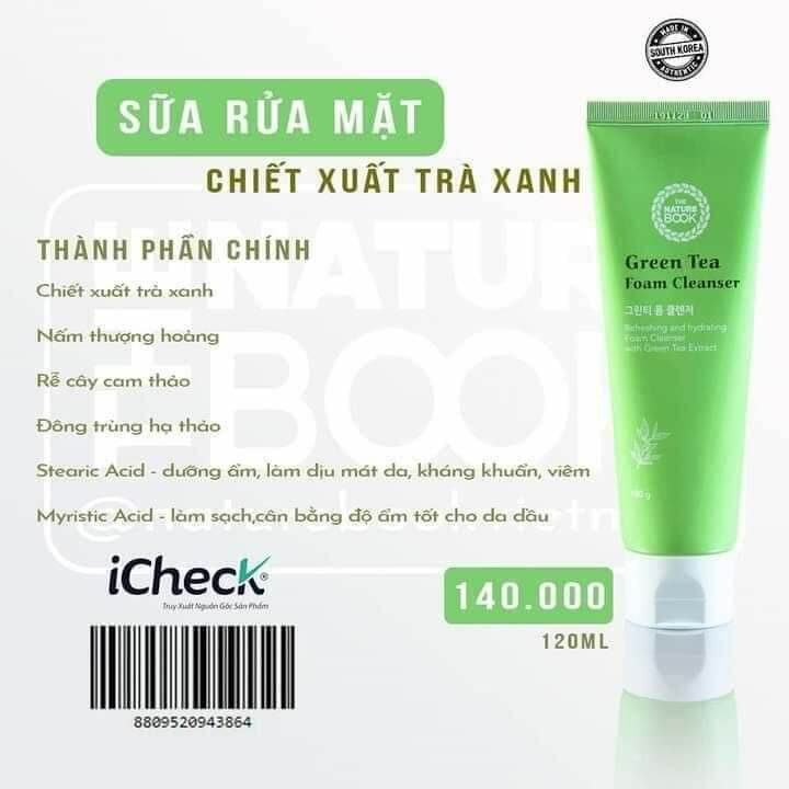 Sữa rửa mặt trà xanh The Nature Book Hàn Quốc SRM 02, dành cho da mụn, làm sạch , giữ ẩm cho da.