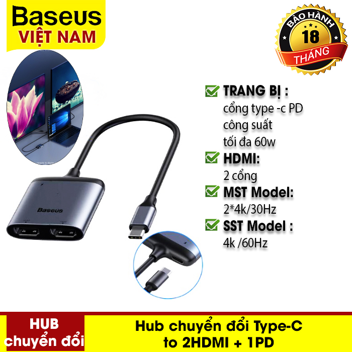 [BẢO HÀNH 12 THÁNG] Hub chuyển đổi Type-C to 2 HDMI+1PD cho Macbook Air Pro Samsung Huawei