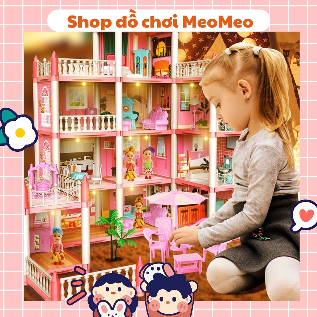 Nhà búp bê Barbie công chúa cho bé gái, mô hình nhà búp bê lắp ghép mini 11 gian - đồ chơi cho bé kèm búp bê, đèn Led