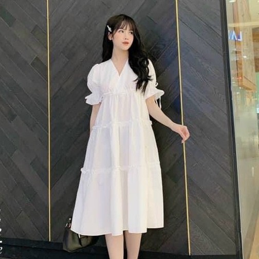 Đầm bầu thiết kế công sở dáng xòe tay nơ