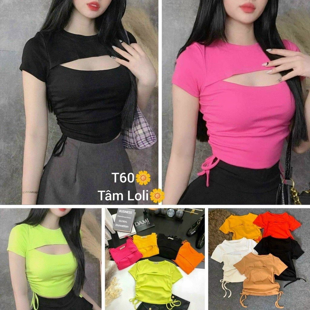 Áo thun borip tay ngắn khoét ngực, rút dây 2 bên, khoét v1 nhiều màu