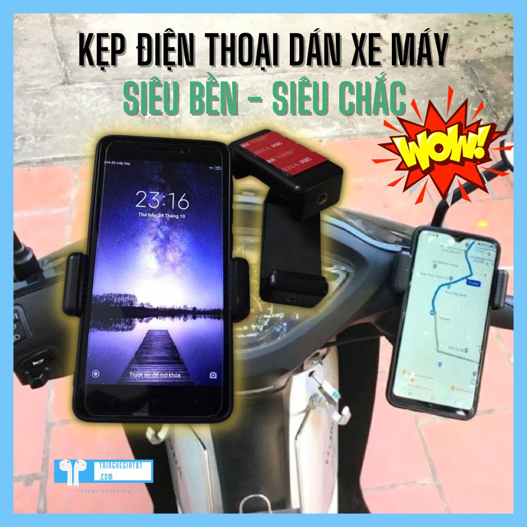 Kẹp điện thoại dán xe máy KÈM băng dính 3M 2 mặt dính chắc chắn | Gắn điện thoại chạy xe từ 5.4-8.5 cm