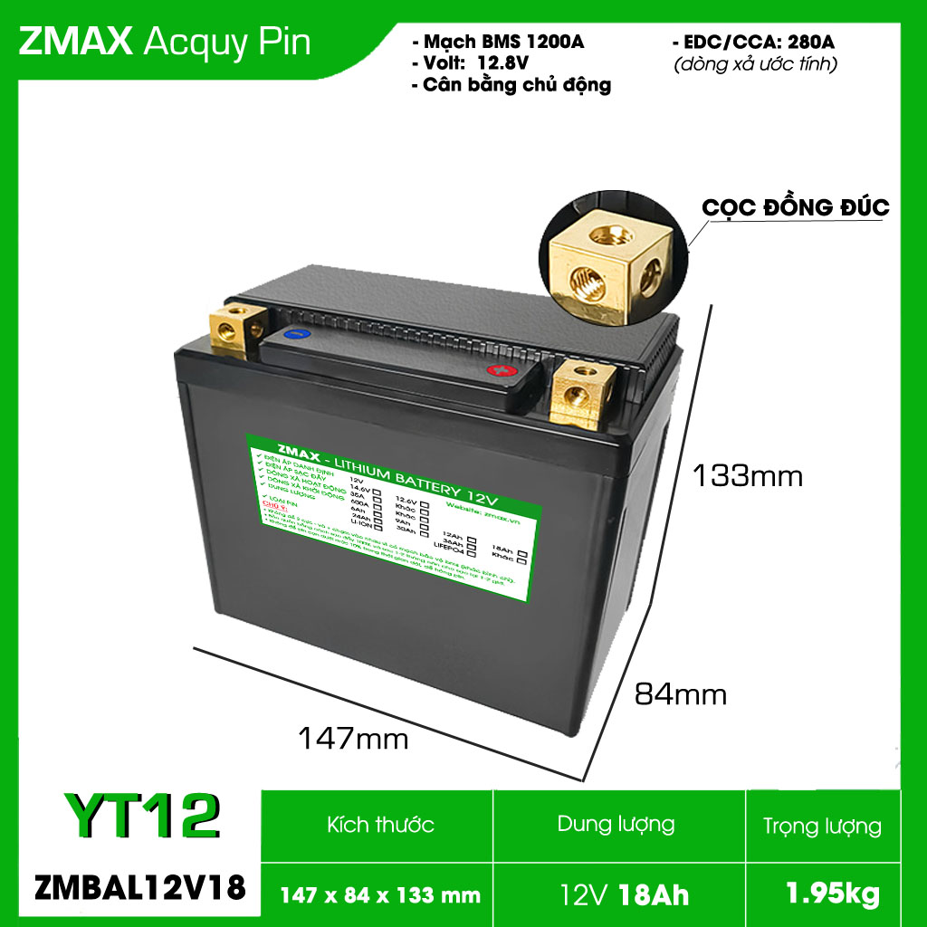 Zmax Battery Lfp/ Lithium Lifepo4 Battery 12V 18Ah, Zmbal12V18-Yt12 for Motorcycles - Motorcycles Giá 1,320,000 Đồng*Miễn phí vận chuyển