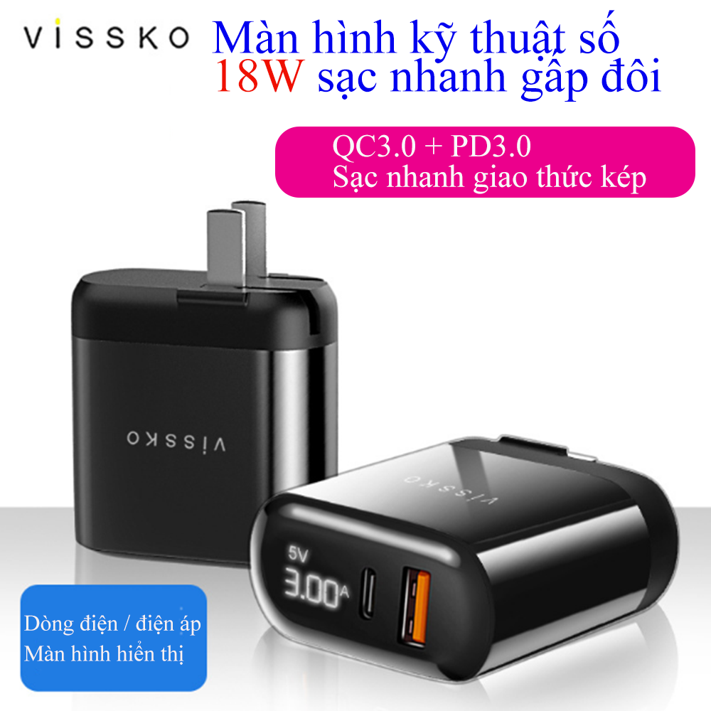 Sạc điện thoại tốc độ cao iPhone PD & QC 18W-cup sạc nhanh vissko-cáp sạc loại C-lightning chuẩn Apple-đầu sạc cáp sạc iPhone 11 Type C