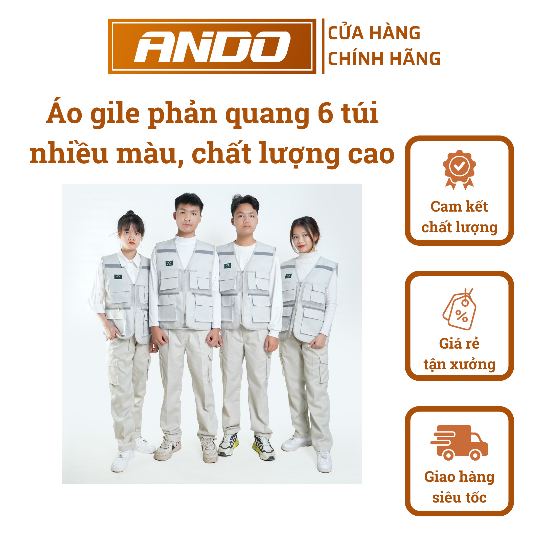 Áo gile phản quang 6 túi, chất kaki và lưới, loại đẹp, nhiều màu sắc