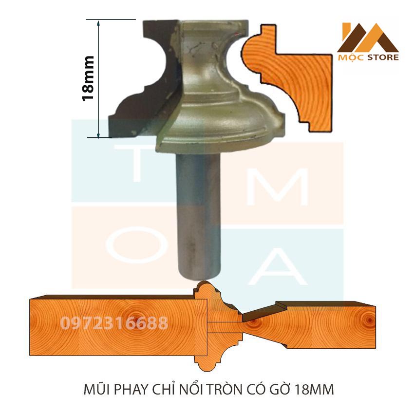 MŨI SOI GỖ - MŨI PHAY GỖ ĐÁNH CHỈ NỔI TRÒN CÓ GỜ 18MM CỐT 12.7MM - HÀNG VIỆT NAM CHẤT LƯỢNG CAO