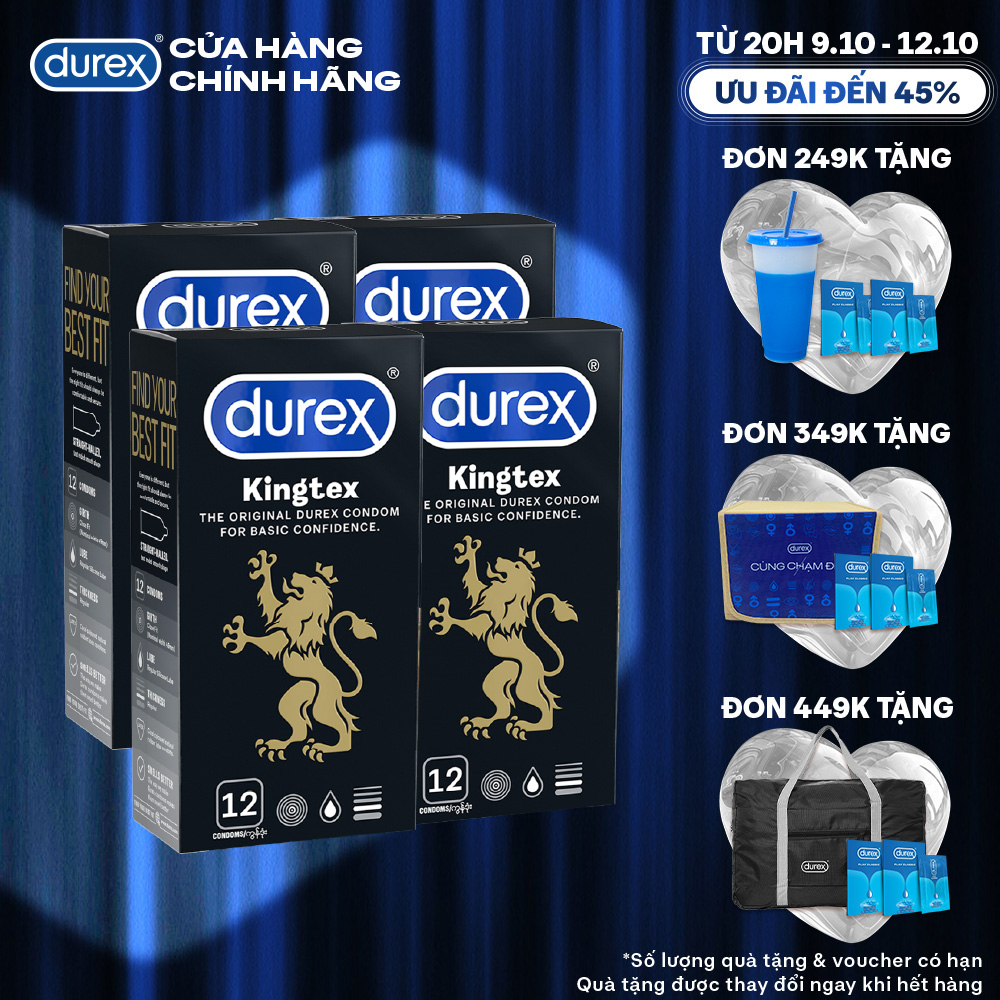 [TỪ 20H | 9-12.10 VOUCHER GIẢM THÊM 8%] Bộ 4 hộp bao cao su Durex Kingtex bôi trơn, ôm sát size 49mm, 12 bao/hộp