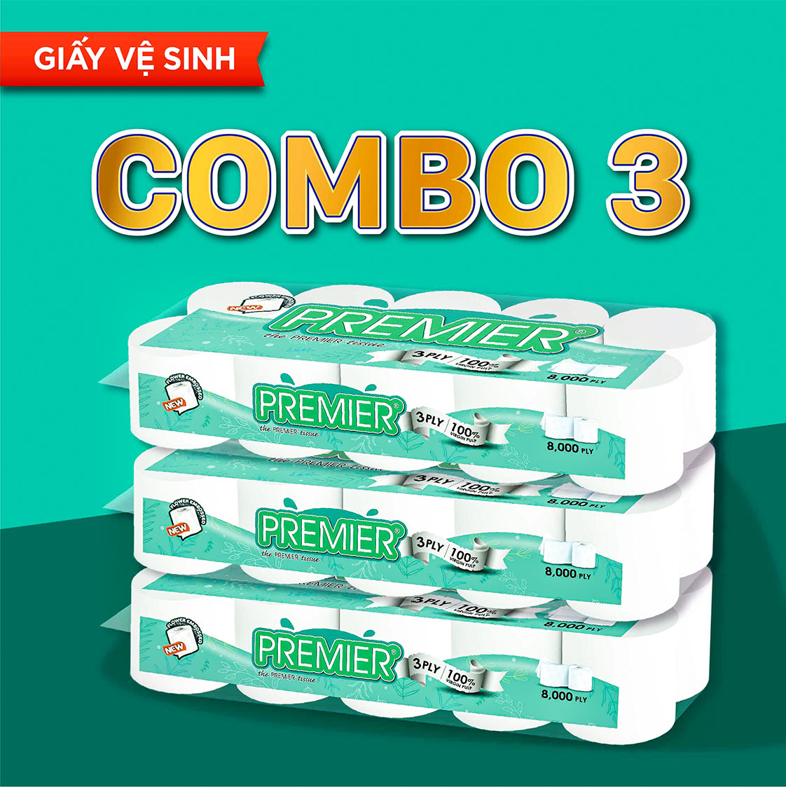 Giấy vệ sinh PREMIER 8K Có Lõi - Combo 3 lốc