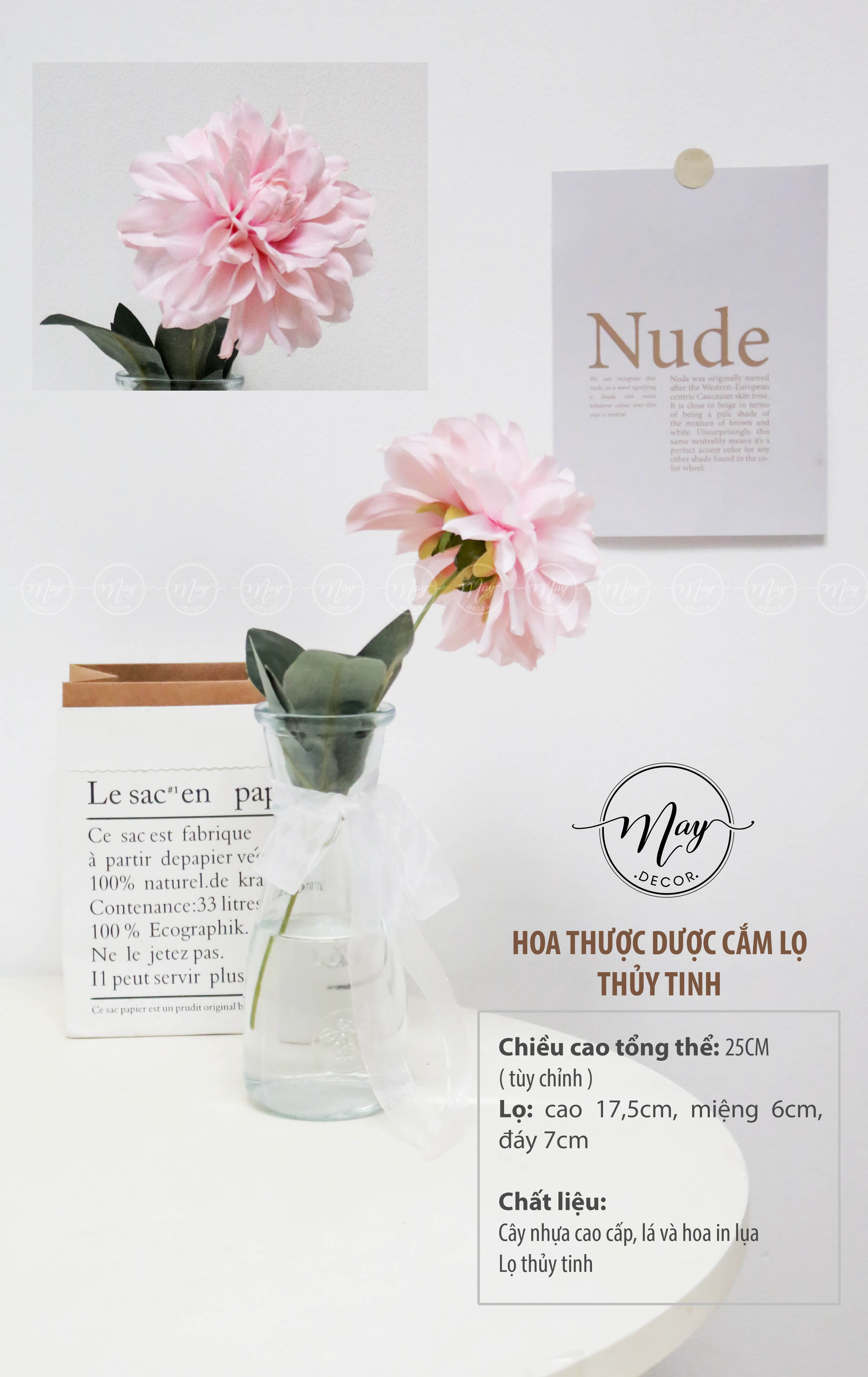 Chậu hoa Thược Dược hồng kèm lọ thủy tinh xinh xắn cao 30cm, Hoa vải lụa cao cấp