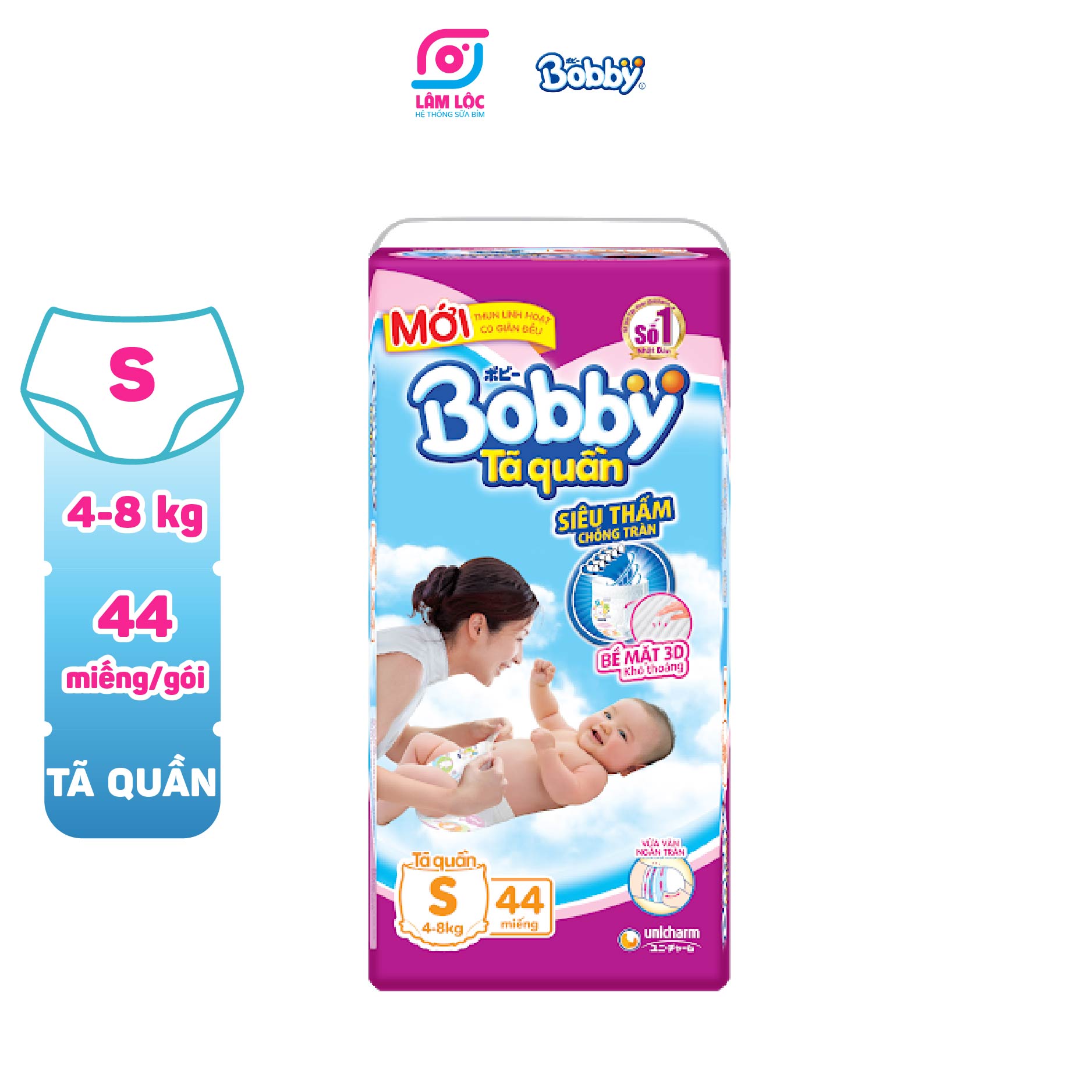 Bỉm quần Bobby, tã quần Bobby size S 44 miếng dành cho bé từ 5-8kg