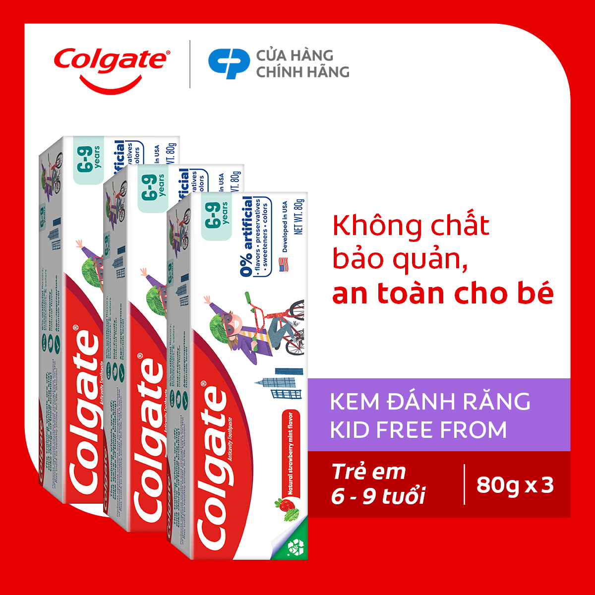 Bộ 3 Kem đánh răng Colgate Kid Free From dành cho trẻ em 6-9 tuổi không hương liệu và chất bảo quản 80g