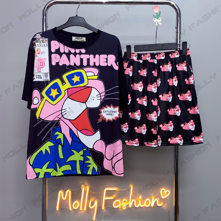 Set đồ bộ hoạt hình ❤️ Bộ mặc nhà Cartoon BÁO HỒNG ĐEN form rộng Freesize Unisex nam nữ Molly Fashion