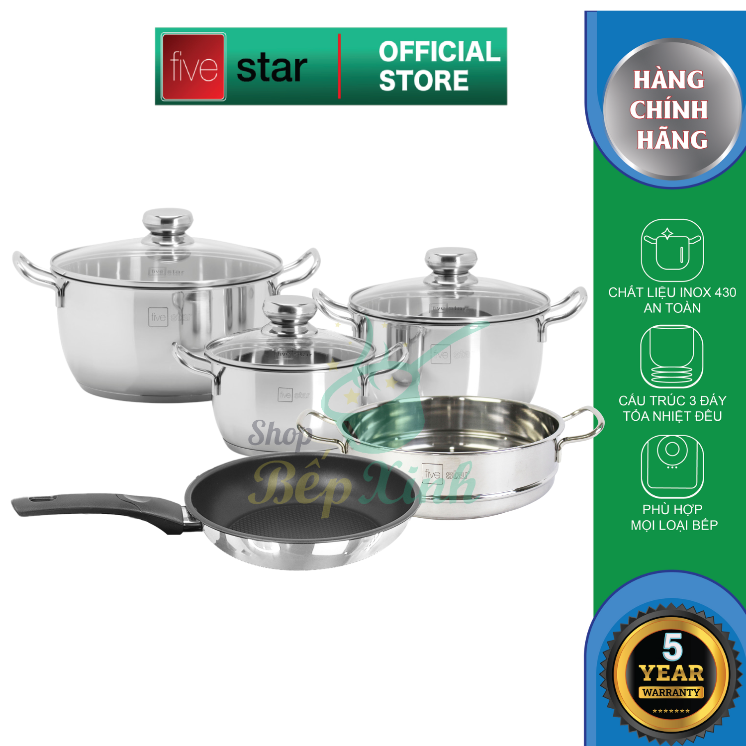 Bộ nồi xửng inox 430 cao cấp Fivestar 3 đáy từ nắp kính , dùng được mọi bếp ( tặng 5 muỗng ăn )